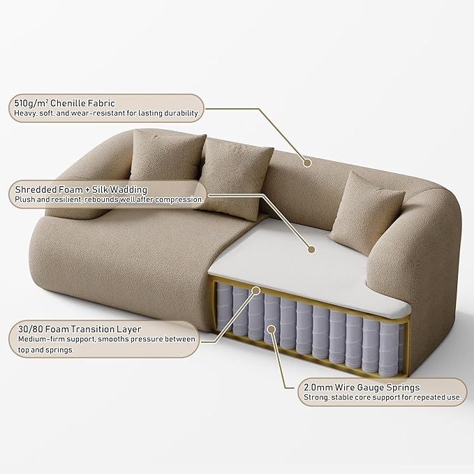 Boneless Couch Set, 91" + 75'' Cloud Couch Set, Chenille Curved Sofa, Modern Compression Sofa for Living Room, Bedroom and Apartment, No Assembly Required, Light Brown