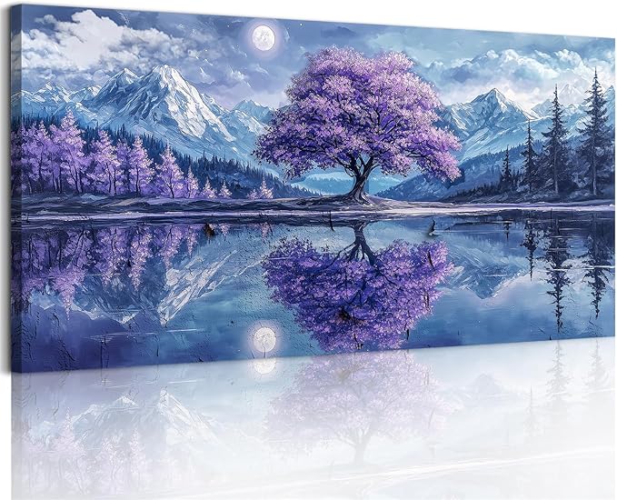 SERIMINO Tree of Life Large Wall Art for Living Room, Fantasy Landscape Canvas Prints, Snow Mountain Lake Pictures, Purple Tree Paintings Wall Decor for Bedroom, Office Decor 24"X48"