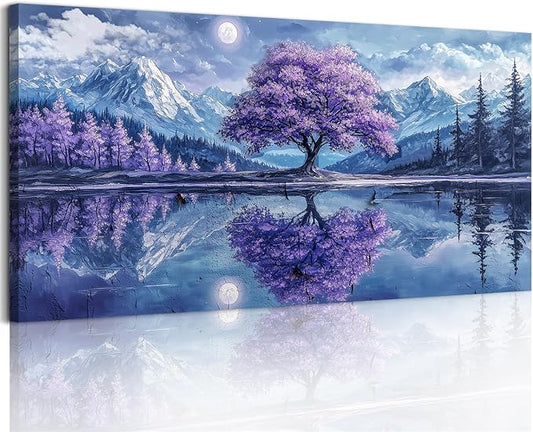 SERIMINO Tree of Life Large Wall Art, Fantasy Landscape Wall Decor, Purple Trees Canvas Painting, Snow Mountain Lake Modern Decor Prints, Moonlit Night Pictures Home Decor Living Room20 X40