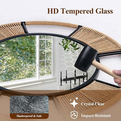Round Wall Mirror for Wall Decor, 30.5'' Boho Mirror for Dining Room with Detachable Rattan and Black Metal Frame, Round Mirror for Living Room Bathroom Beach Decor