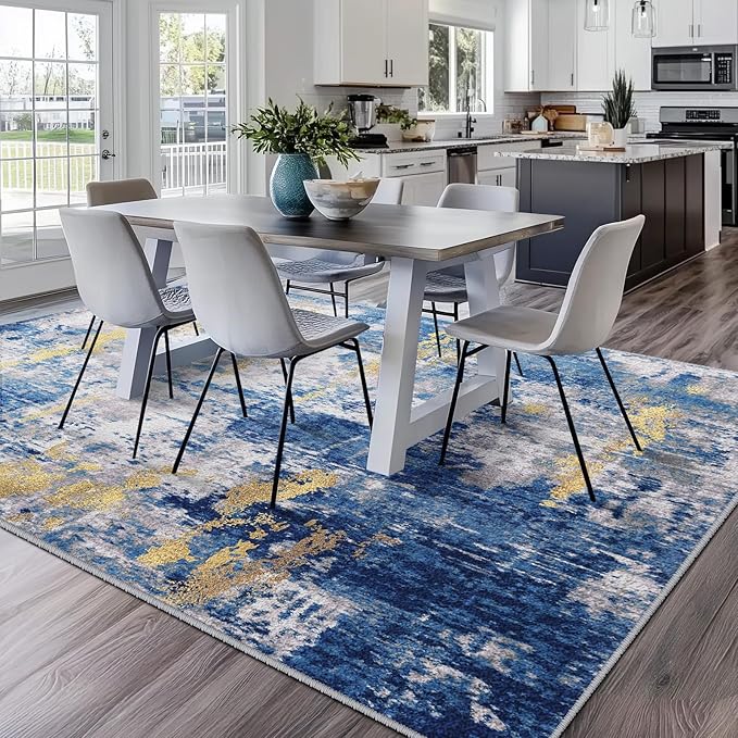 RELEANY Washable Area Rugs 10'x12' Non-Slip Modern Abstract Soft for Living Room Entryway Bedroom Nursery, Print Pattern, Grey Blue Gold/Golden