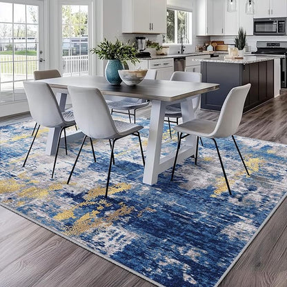 RELEANY Washable Area Rugs 10'x12' Non-Slip Modern Abstract Soft for Living Room Entryway Bedroom Nursery, Print Pattern, Grey Blue Gold/Golden