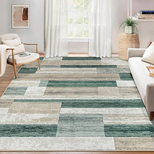 Area Rug for Living Room 6x9: Large Washable Boho Moroccan Rugs Geometric Neutral Rug, Non-Slip Foldable Morden Farmhouse Indoor Floor Carpet for Bedroom Dining Table Home (Green,6'x9')