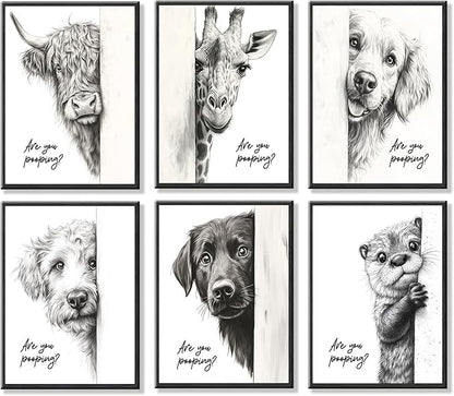 Funny Bathroom Wall Art Black and White Bathroom Posters Decor Rustic Donkey and Cow Pictures Wall Decor Funny Animal Peeking Canvas Art Prints for Toilet/Bedroom Unframed 8x10 inches x 6 pieces