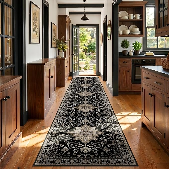 RELEANY Area Rugs 3'x20' Runner Rug Non Slip Washable for Kitchen Hallway Bedroom Beside Laundry Room Bathroom Rug, Floor Carpet, Black Brown Neutral Dark Tan