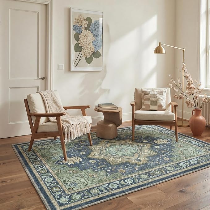 GENIMO 8x10 Area Rugs for Living Room, Machine Washable Rug, Non Slip Indoor Vintage Carpet, Low Pile Lightweight Chenille Print Carpet for Bedroom Dining Room Home Office, Green & Navy