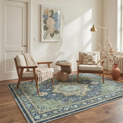 GENIMO 8x10 Area Rugs for Living Room, Machine Washable Rug, Non Slip Indoor Vintage Carpet, Low Pile Lightweight Chenille Print Carpet for Bedroom Dining Room Home Office, Green & Navy