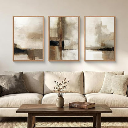 HOURIA Abstract Neutral Vintage Earth Tone Framed Canvas Wall Art Set,Modern Minimalist Rustic Brown Beige Wall Decor,Wabi Sabi Textured Brushstroke Artwork for Living Room,Bedroom,Farmhouse-16"x24"x3