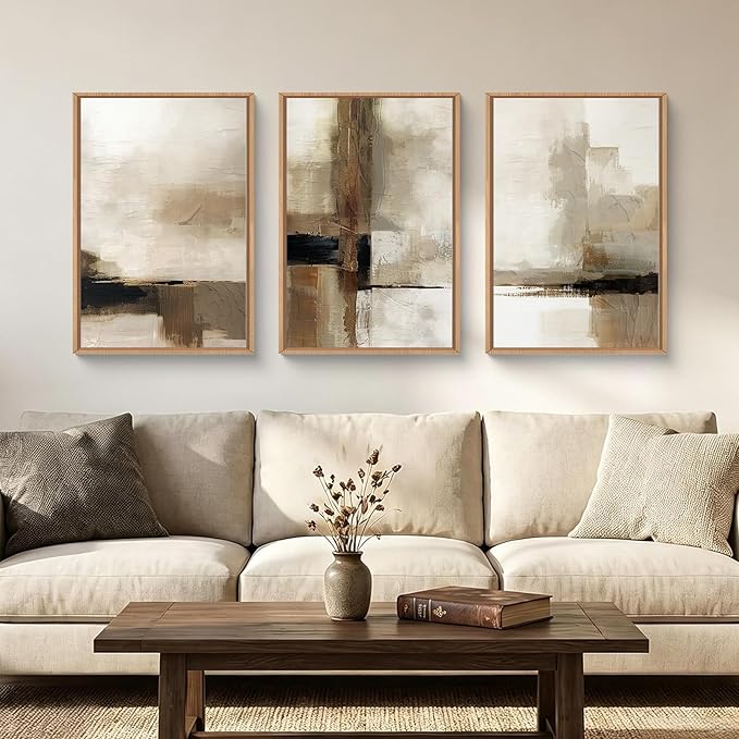 HOURIA Abstract Neutral Vintage Earth Tone Framed Canvas Wall Art Set,Modern Minimalist Rustic Brown Beige Wall Decor,Wabi Sabi Textured Brushstroke Artwork for Living Room,Bedroom,Farmhouse-24"x36"x3
