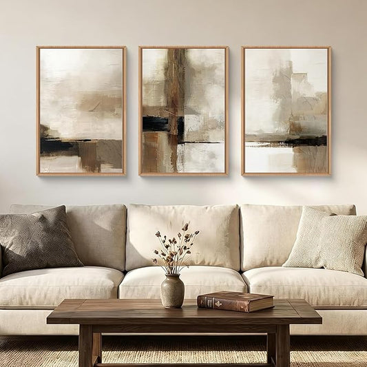 HOURIA Abstract Neutral Vintage Earth Tone Framed Canvas Wall Art Set,Modern Minimalist Rustic Brown Beige Wall Decor,Wabi Sabi Textured Brushstroke Artwork for Living Room,Bedroom,Farmhouse-24"x36"x3