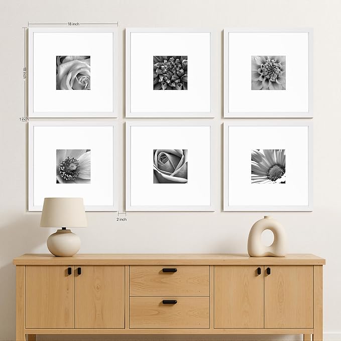 eletecpro 18x18 Picture Frames Set of 9, Classic Gallery Wall Frame Set for 8x8 Photos with Mat or 18x18 without Mat, Storyline Picture Frame for Art Prints, White Poster Frames for Home Decor Wall