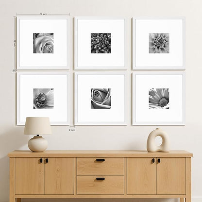 eletecpro 18x18 Picture Frames Set of 9, Classic Gallery Wall Frame Set for 8x8 Photos with Mat or 18x18 without Mat, Storyline Picture Frame for Art Prints, White Poster Frames for Home Decor Wall