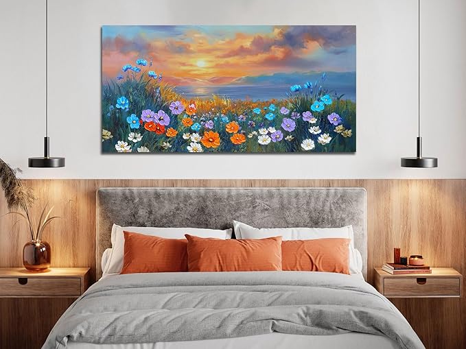 Ardemy Landscape Wall Art for Living Room Sunset Flower Large 40"x20", Canvas Art Wall Decor Textured Bedroom Floral Painting Artwork Home Office Dining Room
