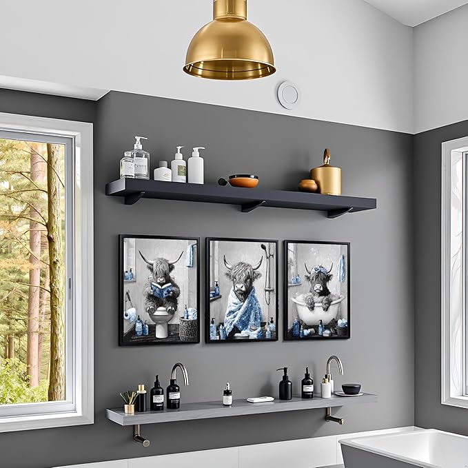 sechars Highland Cow Bathroom Wall Art 3 Piece Funny Bathroom Pictures Canvas Print Grey and Blue Decor (Blue)