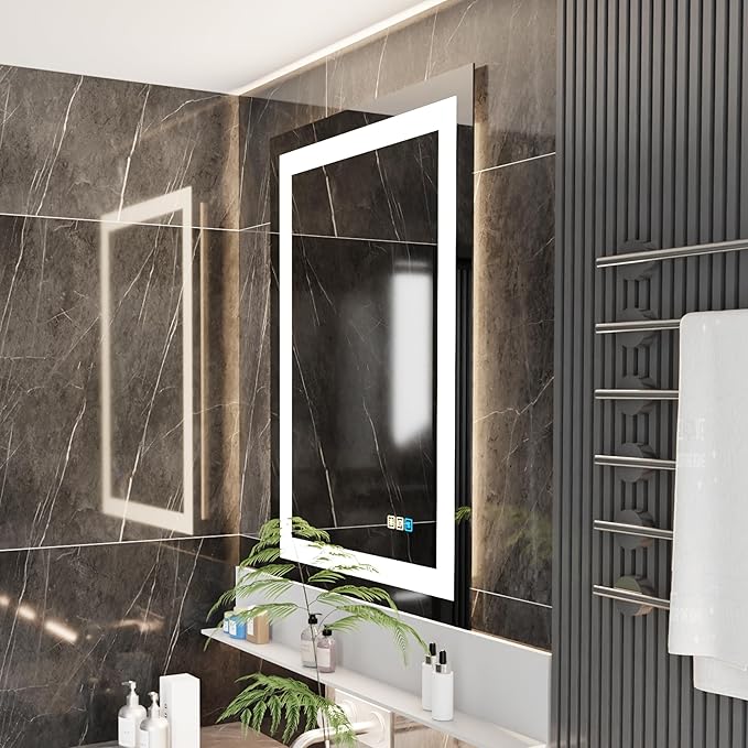 18 * 24inchesLED Mirror, Smart Bathroom Mirror with Lights, Anti-Fog, Tempered Glass, 3 Colors Dimmable, Front and Backlit, CRI 90+, Wall Mounted, Memory
