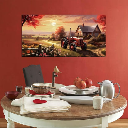 ANCXWOTER Canvas Wall Art Sunset Landscape Canvas Prints Vintage Red Tractor for Living Room Bedroom Office Home Decor Country Farmhouse Artwork 24x48 Inch