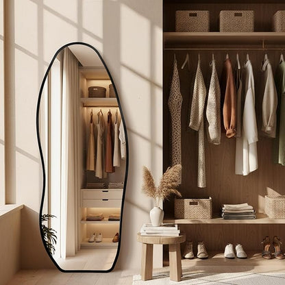 Dorlicecass Mirror Full Length - Irregular Full Body Mirror Standing or Leaning or Wall Hanging 63"x 24" Asymmetrical Aviation Aluminum Alloy Frame Unique for Bedroom, Living Room, Cloakroom, Entryway