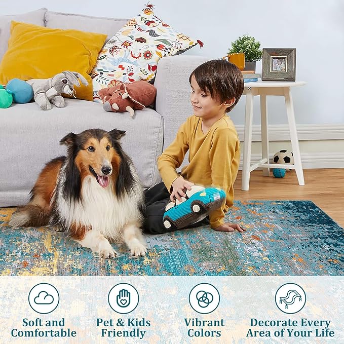 ROYHOME 8x10 Modern Abstract Rug Faux Wool Accent Ultra Soft Non Slip Non Shedding Washable Large Rug for Living Room Bedroom Dining Room Office Home, Multi Color