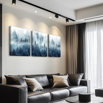 Misty Forests 3-Piece Framed Canvas Wall Art - Trees Landscape Pictures for Living Room, Bedroom, Office - Modern Wall Posters Home Decor
