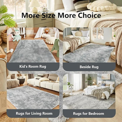 Floralux 5x7 Area Rug for Bedroom, Tie-Dye Light Grey, Living Room Shag Rugs, Non-Slip Shaggy Floor Carpet for Teens Dorm, Bedside, Playroom, Nursery, Home Decor Aesthetic