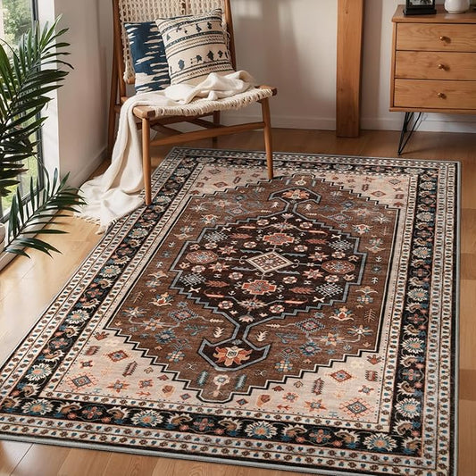 Tangsoo Vintage 4x6 Rug for Living Room,Washable Indoor Area Rug Brown Beige Non-Slip Rubber Backing Soft Low Pile Carpet for Front Porch Dining Room Patio Bedroom