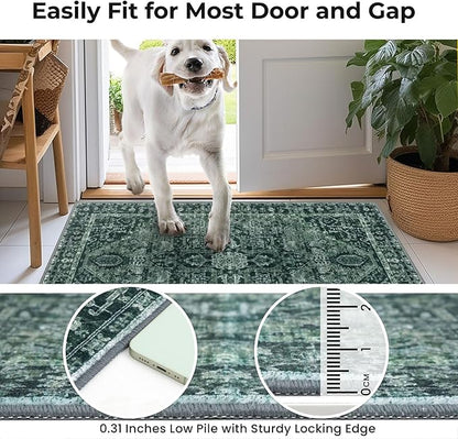 KOZYFLY Boho Runner Rug 3x8 Ft Washable Hallway Rug Faux Wool Printed Long Floor Carpet for Entryway Bedroom Kitchen Living Room Indoor Soft Durable Design, Dark Green
