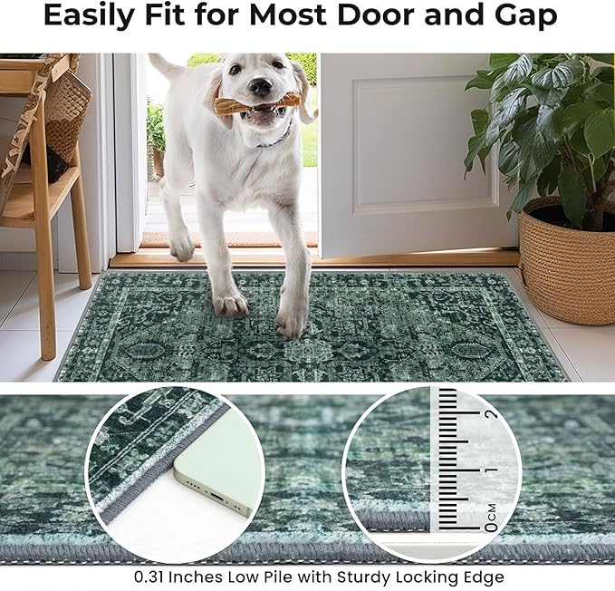KOZYFLY Boho Area Rug 3x5 Ft Rugs for Entryway Washable Entry Rug Non Slip Door Mat Indoor Entrance Printed Faux Wool Throw Rugs for Entrance Kitchen Living Room, Dark Green