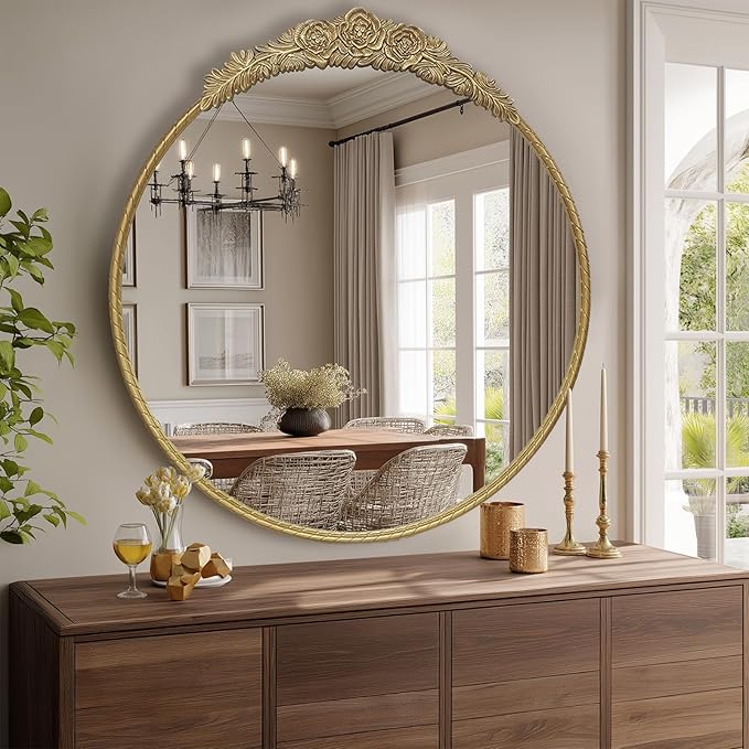 Growsun Round Wall Mirror with Vintage Gold Floral Frame – 28 Inch Decorative Wall Mirror for Living Room, Bedroom, Entryway, Bathroom Vanity – Elegant Antique Accent Home Décor