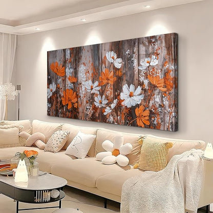 BQVCT Rustic Floral Wall Art 20x40 Inch Large Gallery Wrapped Canvas Print Orange & White Flowers on Wood Background Ready to Hang for Living Room Bedroom Office