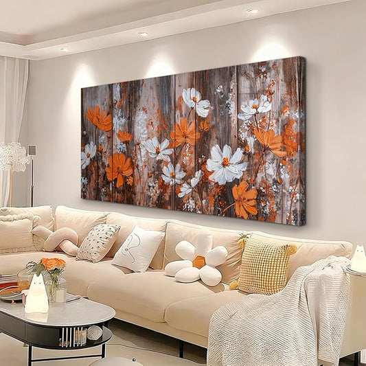 BQVCT Rustic Floral Wall Art 20x40 Inch Large Gallery Wrapped Canvas Print Orange & White Flowers on Wood Background Ready to Hang for Living Room Bedroom Office