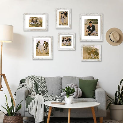iRahmen 6x8 Picture Frame with Mat 4x6 - High Definition Real Glass Wooden Photo Frames for Tabletop Display and Wall Mounting (Distressed-White, Set of 2)
