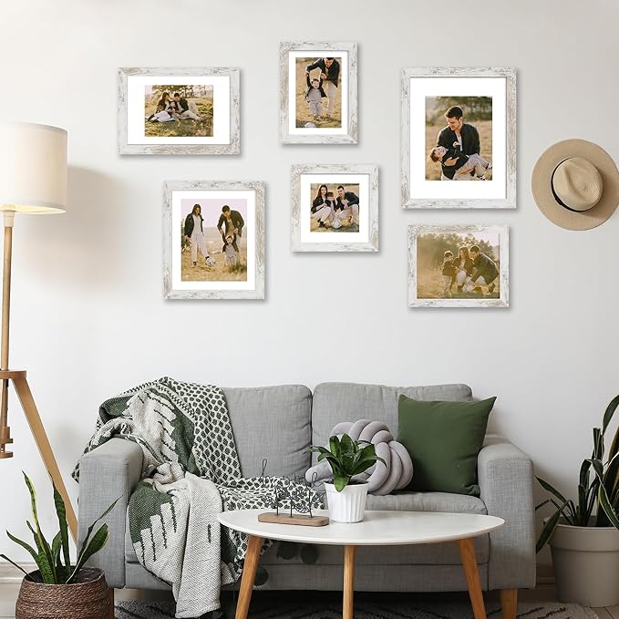 iRahmen 9x12 Picture Frame with Mat 6x8 - High Definition Tempered Glass Wooden Photo Frames for Tabletop Display and Wall Mounting (Distressed-White, Set of 2)