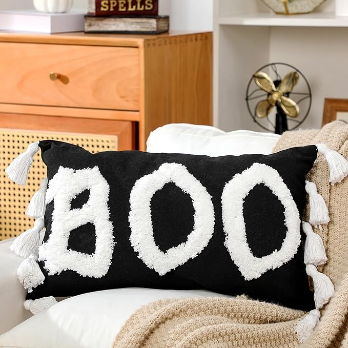 Yuntau Halloween Throw Pillow Cover with Tassels 12 x 20 Inch Decorative Boo Pillowcase Embroidery Furry Plush Boo Cushion Cover Halloween Decorations for Home Bedroom Sofa Couch Living Room Outdoor