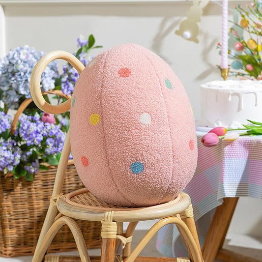 Ashler Egg Shaped Throw Pillow, Spring Home Decor, Teddy Fabric Decorative Cushion with Colorful Polka Dots Embroidery, Soft Pillow for Bedroom Living Room Couch, 14x11 in