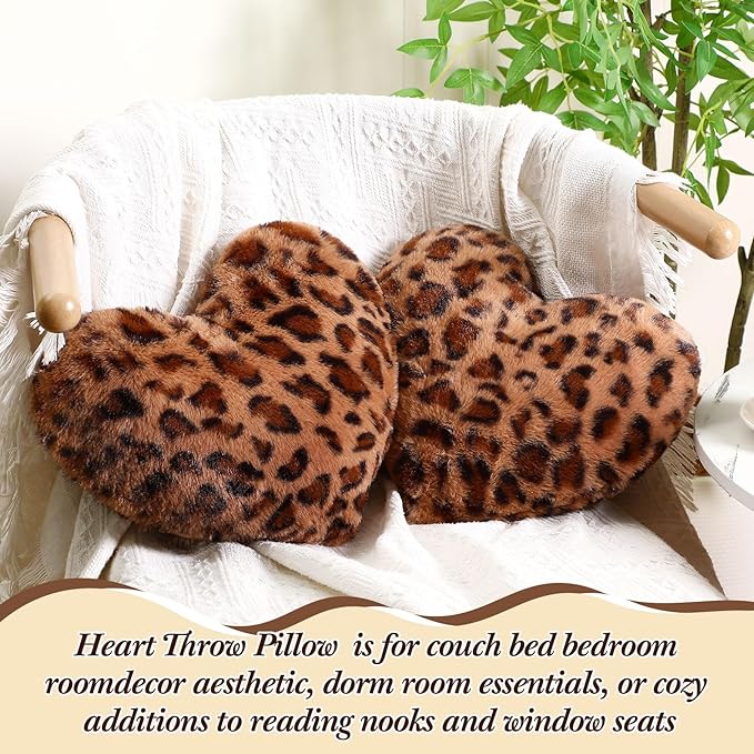 4 Pack Leopard Heart Shaped Pillow Small Cheetah Print Love Pillows 13 x 10 Inch Faux Rabbit Fur Pillows Leopard Throw Heart Pillow for Wedding, Anniversary, Vintage Room Decorative