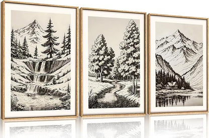 HOURIA Vintage Sketch Pine Tree Mountain Framed Canvas Wall Art Set,Moody Retro Antique Wilderness Botanical Ridge Decor,Modern Natural Black White Artwork for Living Room,Bedroom,Farmhouse- 16"x24"x3
