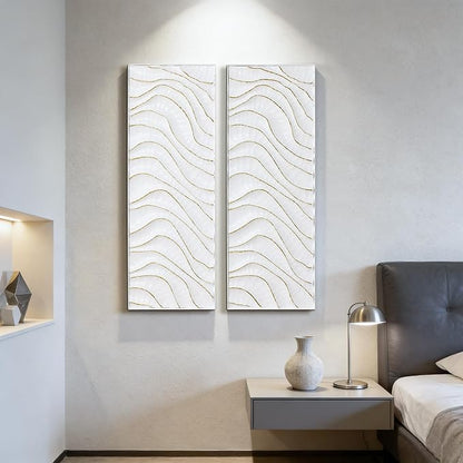 LuxenHome 39.5"H White Metal Wall Decor, Set of 2 Abstract Wall Art for Living Room with Gold Wave Accents, Vertical Wall Hanging Decor for Bedroom, Hallway, Office