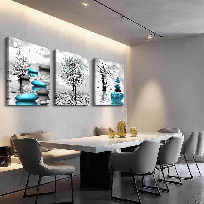 Canvas Wall Art for Living Room Wall Decor for Bedroom Bathroom Black and White Paintings Modern 3 Piece Framed Canvas Art Prints Ready to Hang Inspirational Abstract Blue Pictures Home Decorations
