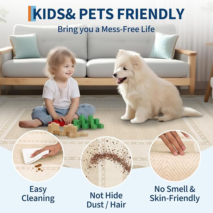 GarveeHome Modern Neutral 9x12 Area Rug Large Washable Rugs for Living Room, Low Pile Non Slip Stain-Resistant Soft Carpet, Contemporary Border Pattern Floor Mats for Home Decor, Beige