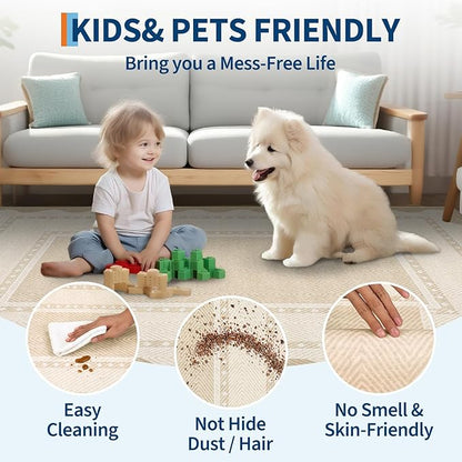 GarveeHome Modern Neutral 9x12 Area Rug Large Washable Rugs for Living Room, Low Pile Non Slip Stain-Resistant Soft Carpet, Contemporary Border Pattern Floor Mats for Home Decor, Beige