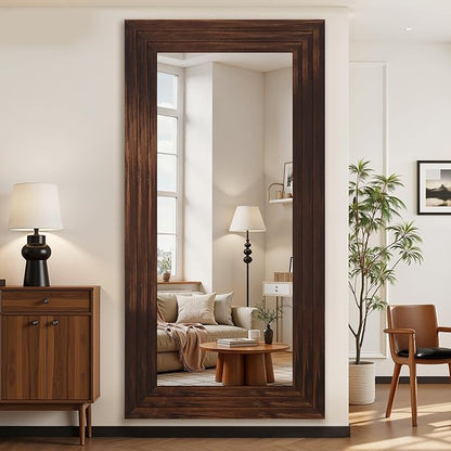 Antok Full Length Mirror with Solid Wood Frame, 81"×41" Wall Mounted Oversized Floor Mirror with Stand, Leaning Standing Hanging for Bedroom Living Room Entryway, Walnut, Rect Style