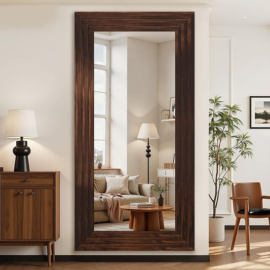 Antok Full Length Mirror with Solid Wood Frame, 81"×41" Wall Mounted Oversized Floor Mirror with Stand, Leaning Standing Hanging for Bedroom Living Room Entryway, Walnut, Rect Style