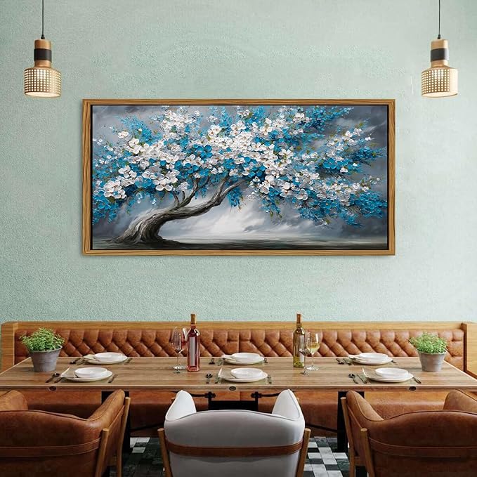 Abstract White Daisy Flower Framed Wall Art Colorful Tree Wall Decor Nature Navy Blue Botanical Painting Rustic Farmhouse Pictures Posters Modern Artwork for Bedroom Living Room Decorations 30x57.8