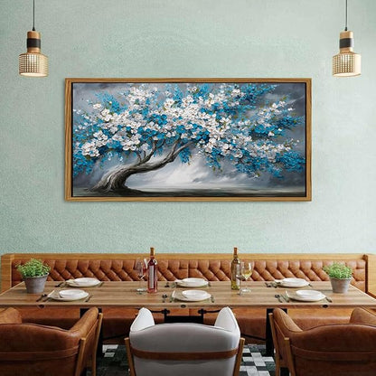 Abstract White Daisy Flower Framed Wall Art Colorful Tree Wall Decor Nature Navy Blue Botanical Painting Rustic Farmhouse Pictures Posters Modern Artwork for Bedroom Living Room Decorations 30x57.8