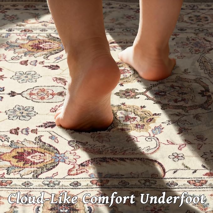 Washable 5x7 Area Rugs for Living Room, Boho Non-Slip Vintage Rugs for Bedroom Dining Room Nursery Office, 0.3" Neutral Oriental Throw Thin Carpet with Cushioning Pad, Beige/Rust/Multi, B1