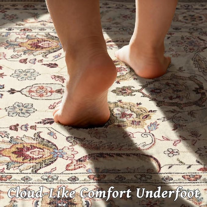 Washable 6x9 Area Rugs for Living Room, Boho Non-Slip Vintage Distress Large Rugs for Bedroom Dining Room Nursery Office, 0.3" Neutral Oriental Throw Thin Carpet, Beige/Rust/Multi, B1