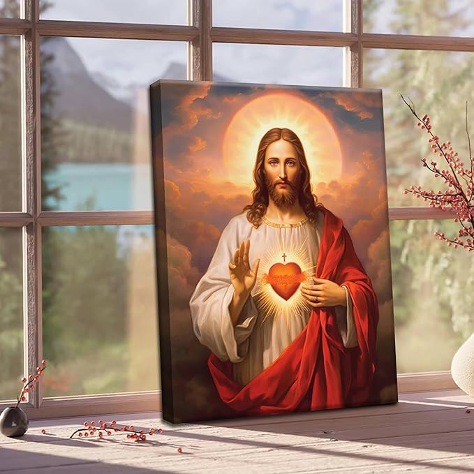 Jesus Sacred Heart Christian Wall Art, Divine Mercy Canvas Paintings Prints Posters Wall Decor, Christ Jesus Portrait Home Decor for Living Room Dining Room Prayer Room Decor 12x16 in Framed