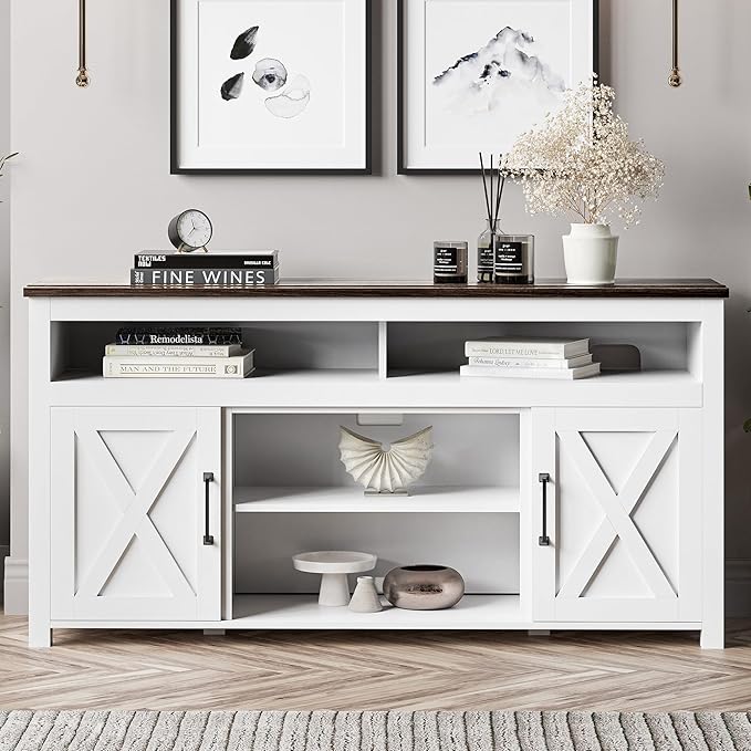 BELLEZE 58 Inch TV Stand, Contemporary Entertainment Center for TVs up to 65", Wood Media Console Table with Two Open Shelves and Barn Door Cabinets - Corin (White)