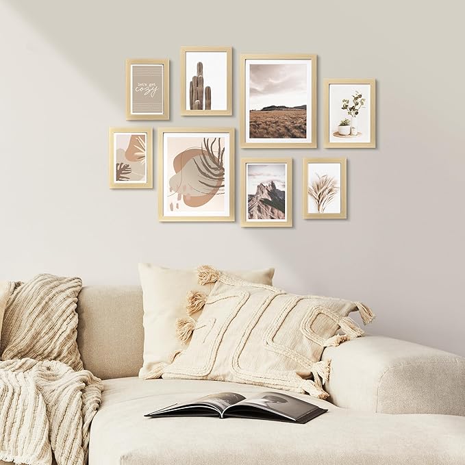 ArtbyHannah Gallery Wall Frame Set,Beige Picture Frames Collage Wall Decor with Neutural Art for Living Room Stariway,8 Pack Assorted Size 8"x10",5"x7",4"x6", Small