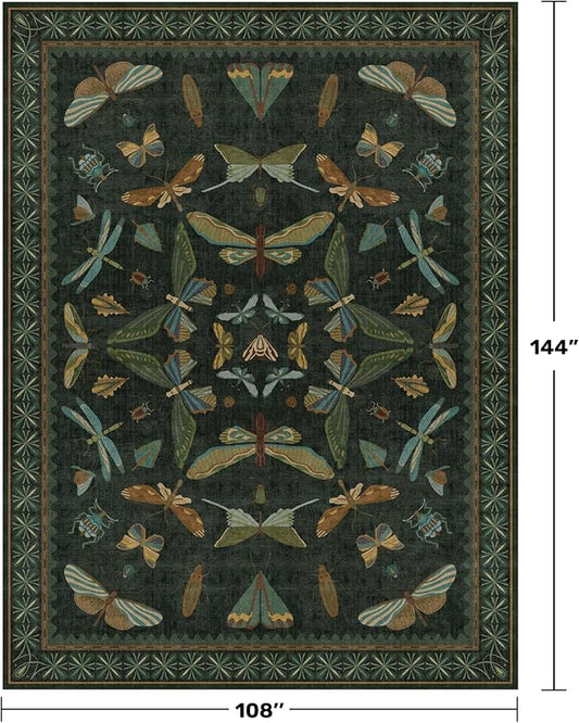 Hazo Haus Forest Green Rugs for Living Room - 9x12 Big Rugs for Bedroom, Dining Room, Guest Room, Insect Moth Décor, Non Slip Low Pile